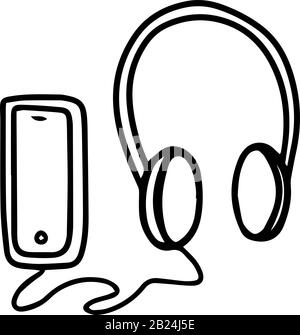 Large headphones are connected to the phone. in doodle style isolated on white background. Sign icon. Vector outline illustration. Usable as icon or s Stock Vector