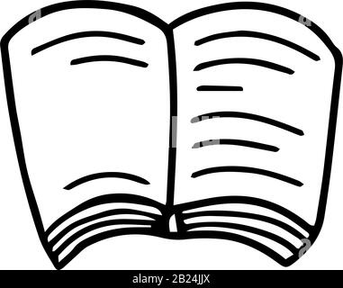 Open book in doodle style isolated on white background. Sign icon. Vector outline illustration. Usable as icon or symbol. Decoration element. Hand dra Stock Vector