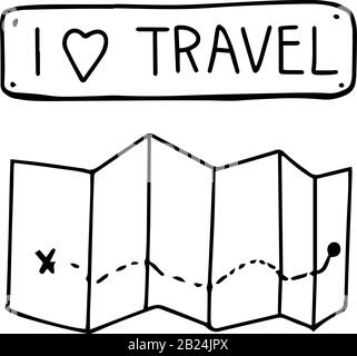 Travel map and name plate I love to travel. Map route for tourist. Doodle style. Vector outline illustration isolated on white background. Hand drawn Stock Vector