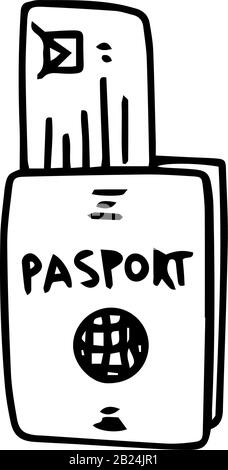 Passport id with checked ticket in doodle style isolated on white background. Sign icon. Vector outline illustration. Usable as icon or symbol. Decora Stock Vector