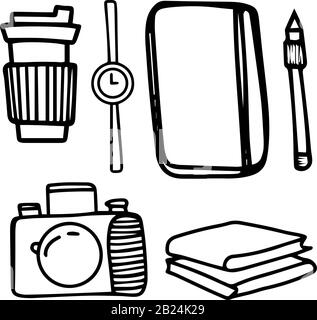 Set of creative artist freelance photographer in doodle style isolated on white background.Vector outline illustration. Coffee, clock, notebook, pen, Stock Vector