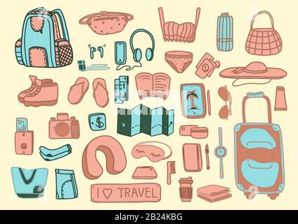 Big cute set of travel in cartoon style. Vector illustration.Tourism and summer sketch with travelling elements:bikini,sunglasses,camera,cocktail, tic Stock Vector