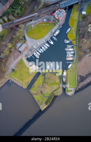 Bowling marina and harbour conservation village in Dunbartonshire Scotland aerial view from above Stock Photo