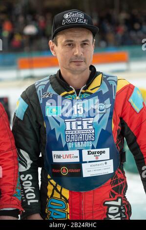 Berlin, Germany. 29th Feb, 2020. BERLIN GERMANY - February 29 Denis Slepuchin of Kazakhstan during theIce Speedway of Nations (Day 1) at the Horst-Dohm-Eisstadion, Berlin, on Saturday 29 February 2020. (Credit: Ian Charles | MI News) Credit: MI News & Sport /Alamy Live News Stock Photo