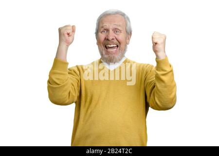 Portrait of extremely happy grandpa rejoicing success. Stock Photo