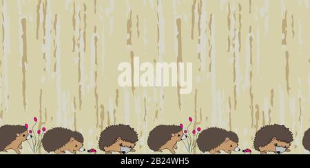 Curious hedgehogs border, seamless vector pattern illustration Stock Vector