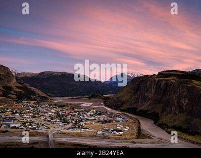 NATIONAL PARK LOS GLACIARES, ARGENTINA - CIRCA FEBRUARY 2019: Panoramic view of El Chalten in National Park los Glaciares in Argentina. Stock Photo