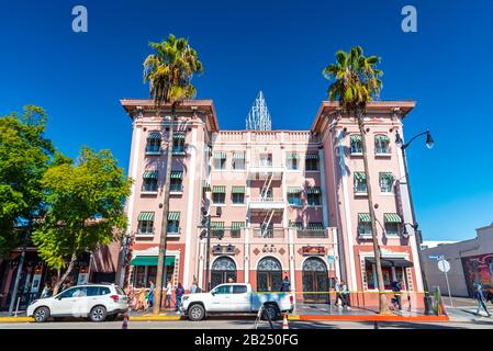 Los Angeles, California - February 8, 2019: View of  a pink building near the Hollywood District in Los Angeles. Stock Photo