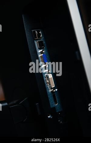 Close-up macro view of modern computer PC monitor with multiple ports entrance - USB, VGA, DVI and Displayport connections Stock Photo