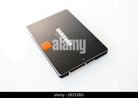 London, United Kingdom - Mar 12, 2014: Close-up macro tilt shift lens used over new powerful Samsung SSD disk drive Stock Photo