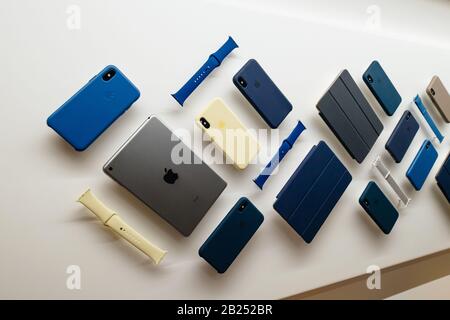 Paris, France - Mar 19, 2019: Apple Store in central paris with multiple accessories for Ipad Apple Watch, iPhone - straps, bands and cases Stock Photo