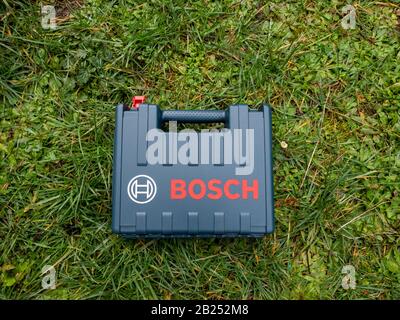 Paris, France - Feb 18, 2020: View of plastic box transportation of new Bosch Professional GSR 12 V-15 FC cordless drill driver set Stock Photo