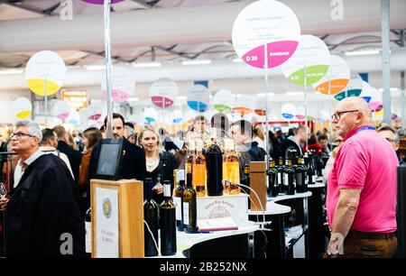 Strasbourg, France - Feb 16, 2020: Group of people at the Vignerons independant English: Independent winemakers of France wine fair for private and horeca customers Stock Photo