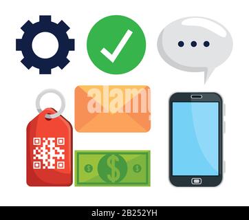 bundle of code qr in label and icons Stock Vector