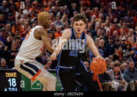 Charlottesville, VA, USA. 29th Feb, 2020. Duke Forward Matthew Hurt (21) during the NCAA Basketball game between the Duke University Blue Devils and University of Virginia Cavaliers at John Paul Jones Arena in Charlottesville, VA. Brian McWalters/CSM/Alamy Live News Stock Photo