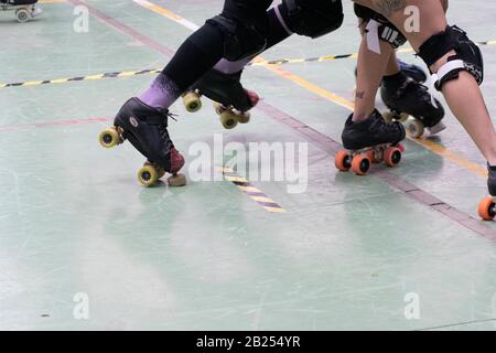 Madrid, Spain. 29th February, 2020. Detail of the skates of the players during the game qualifying for the Spanish roller derby championship held in Madrid. © Valentin Sama-Rojo/Alamy Live News. Stock Photo