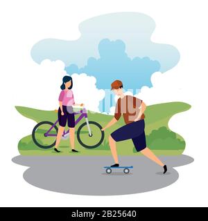 couple with bike and skateboard in landscape Stock Vector