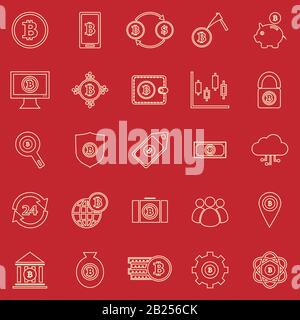 Bitcoin line color icons on red background, stock vector Stock Vector