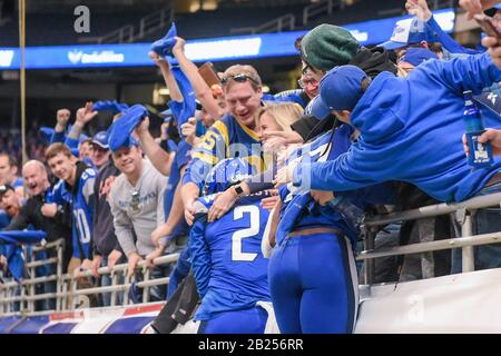 St Louis, USA. 29th Feb, 2020. Feb 29, 2020: St. Louis Battlehawks wide receiver L'Damian Washington (2) and St. Louis Battlehawks wide receiver Keith Mumphery (17) jump into the crowd to celebrate the teams first touchdown in a game where the Seattle Dragons visited the St. Louis Battlehawks. Held at The Dome at America's Center in St. Credit: Cal Sport Media/Alamy Live News Stock Photo