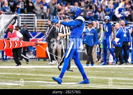 St Louis, USA. 29th Feb, 2020. Feb 29, 2020: St. Louis Battlehawks wide receiver L'Damian Washington (2) motions that he has a first down in a game where the Seattle Dragons visited the St. Louis Battlehawks. Held at The Dome at America's Center in St. Credit: Cal Sport Media/Alamy Live News Stock Photo