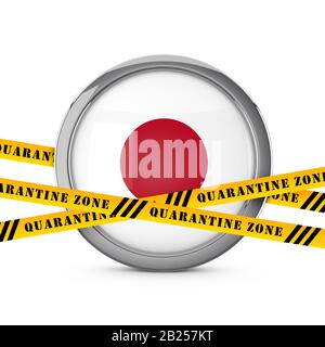 Japan flag with yellow quarantine warning security tape. 3D Render Stock Photo