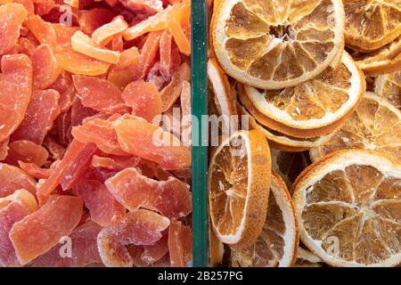 Turkey delight and dry fruit kiwi plum at spice market Istanbul . Stock Photo