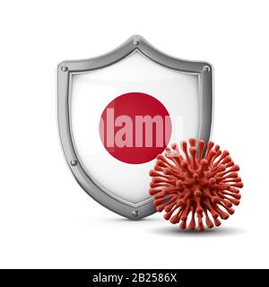 Japan flag shield protection against a virus bacteria. 3D Render Stock Photo