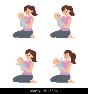 Set of young mother sitting and holding angry baby with different actions, unhappy, upset, angry and yelling in flat cartoon style Stock Vector