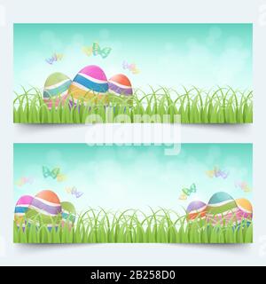 Groups of colorful easter eggs with butterflies in grass field and bright blue sky banners set Stock Vector