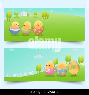 Banners set of yellow chicks in cracked easter eggs on green slope with house, fences, trees and clear blue sky Stock Vector