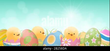 Colorful easter eggs and yellow chicks in cracked eggs with grass on clear blue sky background Stock Vector