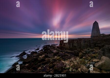 Long exposure of Pulpit Rock and the Jurassic Coastline at Portland Dorset Stock Photo