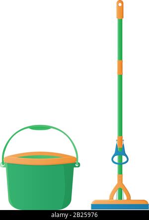 Cartoon sponge mop with hand rubber squeezer with bucket stock vector illustration. Cleaning services, household concept. Equipment for housework Stock Vector