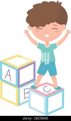 kids zone, cute little boy on alphabet blocks toys vector illustration Stock Vector