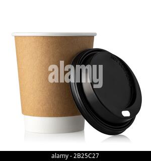 takeaway disposable paper cup for coffee or tea with open black cap isolated on white background Stock Photo