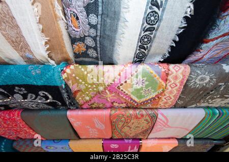 Types of shawls with different patterns. Close-up. Stock Photo
