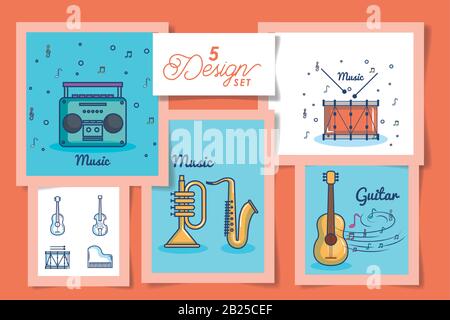 five designs of instruments music icons Stock Vector