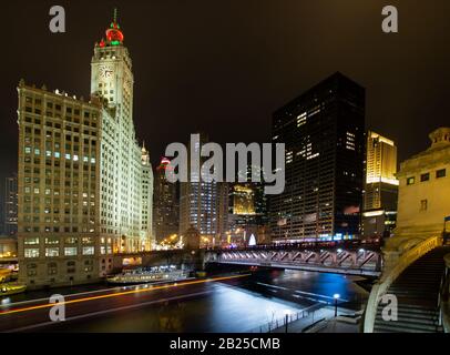 DuSable Bridge over Chicago River under Holiday Night Lights Stock Photo