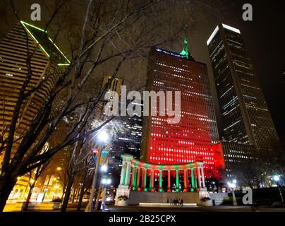 Millennium Monument  at Wrigley Square Illuminated in Holiday Lights Stock Photo