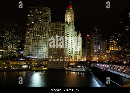 Night Skyline of Michigan Avenue from Chicago River at DuSable Bridge Stock Photo