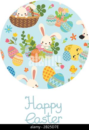 Vector Easter Rabbit with spring flowers. Blue Circle round Postcard Stock Vector
