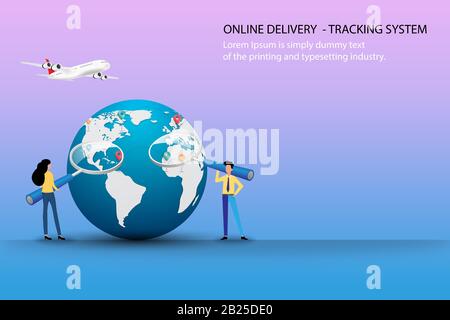 Business concept of online delivery with tracking system, businessman and woman hold a big magnifier to focus on the map and route of shipments. Stock Vector