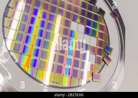 Silicon wafer with microchips fixed in a holder with a steel frame after the dicing process and separate microchips. Silicon Wafers with microchips - Stock Photo