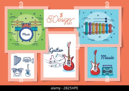 five designs of instruments music icons Stock Vector