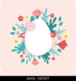 Happy Easter. Greeting card, posteror banner with bunny, flowers and Easter egg. Egg hunt poster. Spring background, vector illustration Stock Vector
