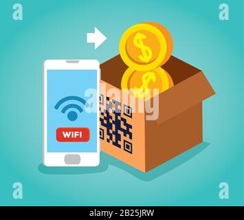 scan qr code in box with smartphone and coins Stock Vector