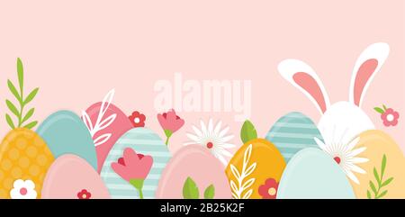 Happy Easter banner. Greeting card, poster or banner with bunny, flowers and Easter egg. Egg hunt poster. Spring background Stock Vector