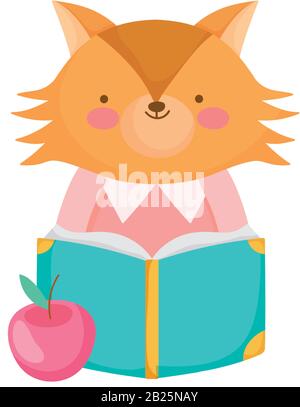back to school, cute fox reading book with apple cartoon vector illustration Stock Vector