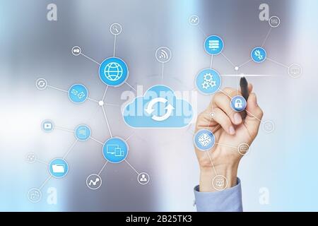 Cloud technology concept on virtual screen. Data storage and computing Stock Photo