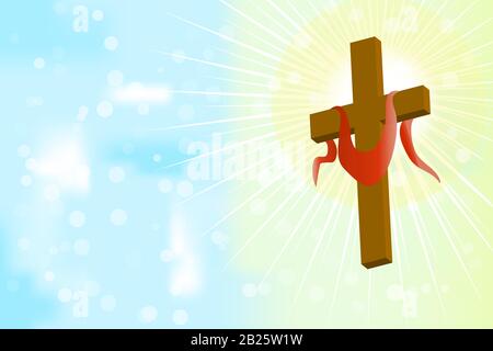 Good Friday and Easter day vector illustration for christian religious occasion with holy cross. Background with wooden cross and sun rays in the sky Stock Vector